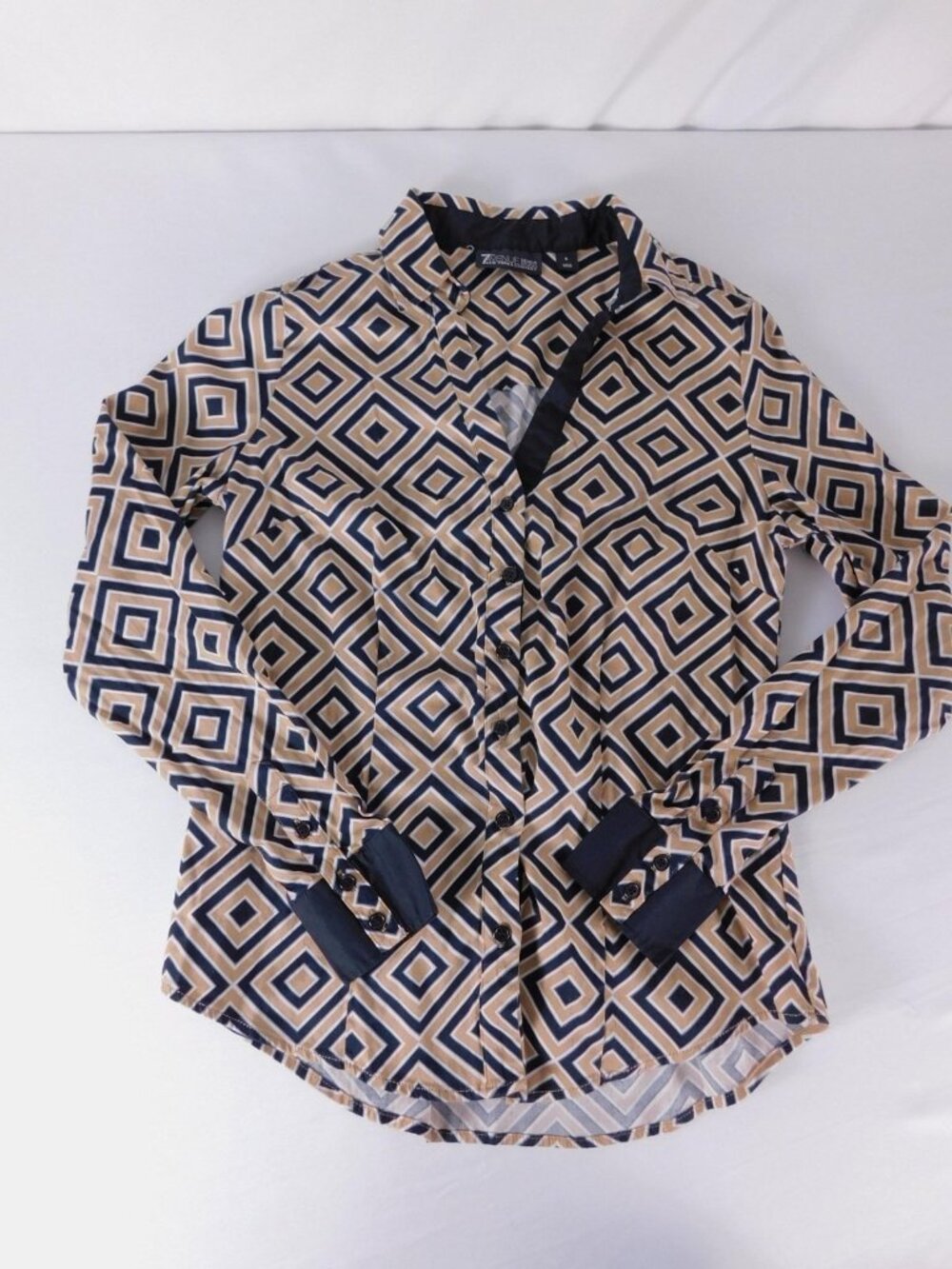 New York & Company Button-Up Shirt Womens S Beige Navy Geometric Long Sleeve